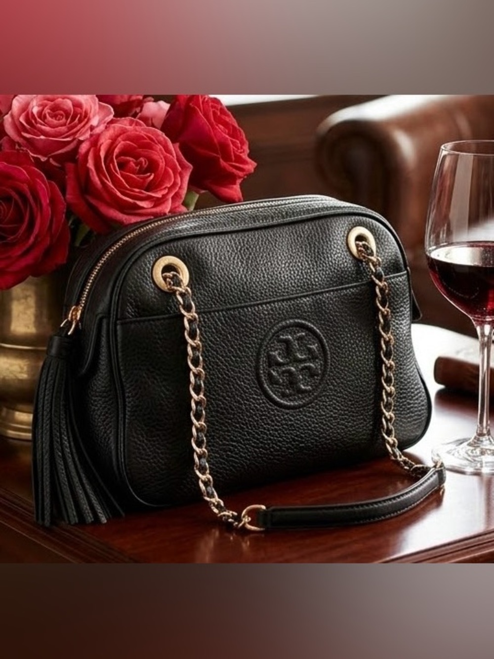 Authentic Tory Burch Bombe Chain Shoulder Bag Black Pebbled Leather Tassel Gold
